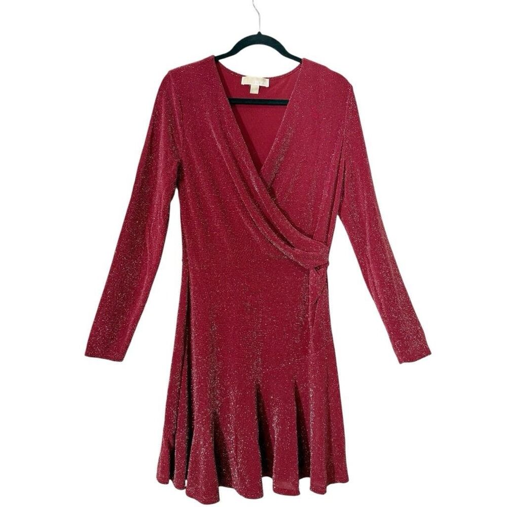 Michael‎ Kors Burgundy Metallic V neck Faux Wrap Flounce Party Dress Size Large